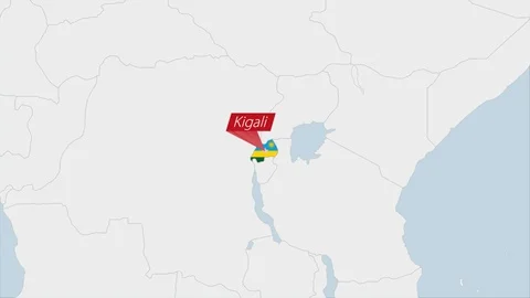 Rwanda map highlighted in Rwanda flag colors and pin of country capital Kigal Stock Footage 125782794