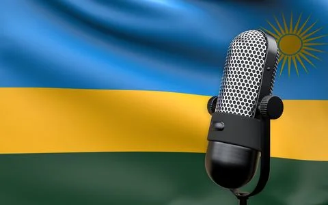 Rwanda national flag with microphone composition of voice of truth debate inf Stock Illustration