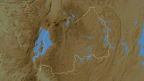 Rwanda outlined on a Colored elevation map with lakes and rivers Illustrazione stock