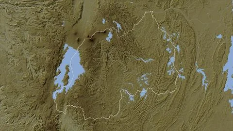 Rwanda outlined on a Pale colored elevation map with lakes and rivers Stock Illustration