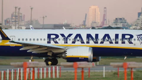 Ryanair Boeing 737 wing and engine detail taxiing Valencia airport Stock Footage 336752270