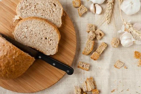 Rye bread and croutons with garlic, food close up Stock Photos