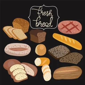 Rye bread, ciabatta, wheat bread, whole grain bread, bagel, sliced bread, fre Stock Illustration