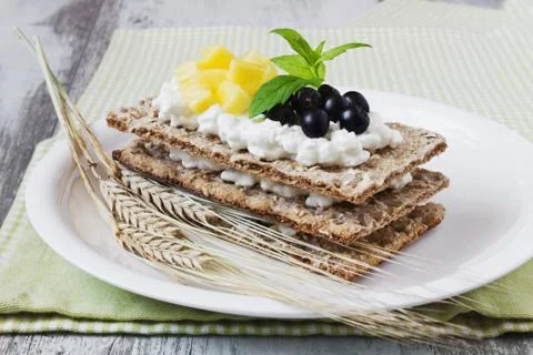 Rye bread with cottage cheese Stock Photos
