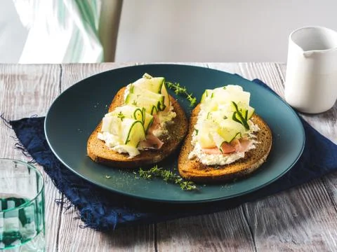Rye bread with cucumber and cheese Stock Photos