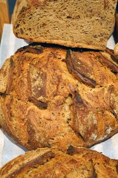 Rye bread. Fresh bread. Bread on market stall. Half of rye bread. Stock Photos