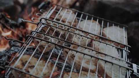 Rye bread is fried at the stake, toasted. Picnic in nature. Rest in the open air Stock Footage 99301743