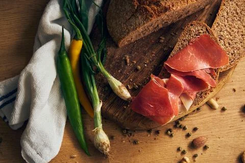 Rye bread with jamon slices Foto stock
