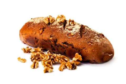 Rye bread with nuts on white background. food Stock Photos