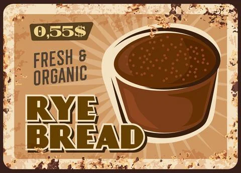 Rye bread rusty metal plate, vector grain bakery Stock Illustration