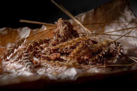 Rye bread with rye spikelets on unfolded parchment paper. Stock Photos