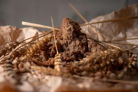 Rye bread with rye spikelets on unfolded parchment paper. Stock Photos