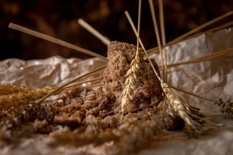 Rye bread with rye spikelets on unfolded parchment paper. Stock Photos