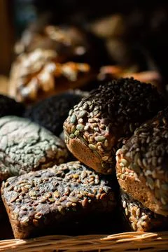 Rye bread with seeds in a basket Stock Photos