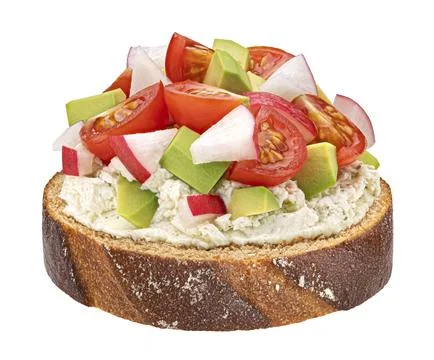 Rye bread slice with vegetable salad isolated on white background Stock Photos