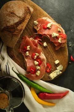 Rye bread with slices of jamon and cheese 스톡 사진
