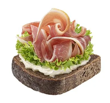 Rye bread with smoked bacon or pork brisket slices isolated on white background Stock Photos