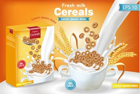 Rye cereals in milk splash Vector realistic mock up. Product placement label  Stockillustratie
