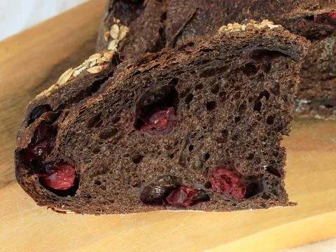 Rye Sourdough Bread Slice With Berries Close Up Stock Photos