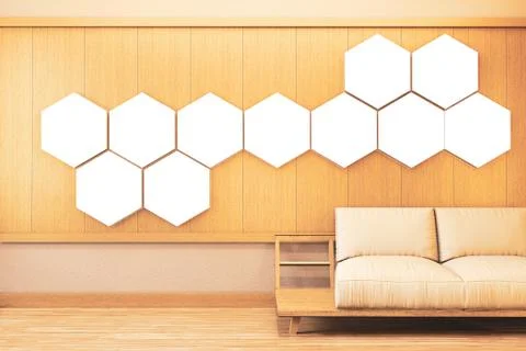 Ryokan room with hexagon light on wall decoraion and tatami mat floor.3D rend Stock Illustration