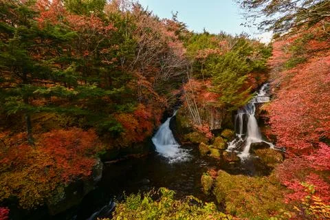 Ryuzu Falls with changing maple leaves, Nikko, Japan Stock Photos
