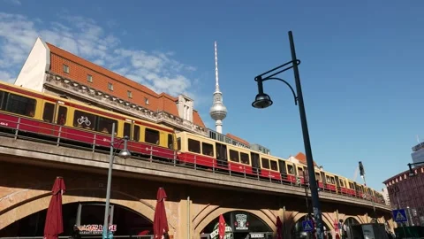S-Bahn and TV Tower near Alexanderplatz in Berlin Germany August 16 2024 Stock Footage 281952977
