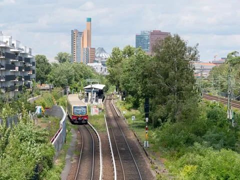 S-Bahn Train In Front of Potsdamer Platz Skyscrapers In Berlin, Germany 写真素材