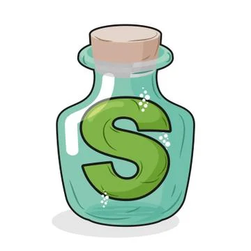 S retro laboratory flask bottle. Letter in old magic potion bottle with a woo Stock Illustration