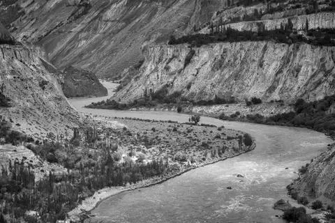 S shaped river bend in Gilgit River, northern Paklistan, taken in August 2019 Stock Photos
