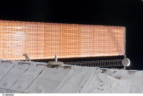S116-E-05956 (12 Dec. 2006) --- A medium close-up view of a solar array wi... Stock Photos