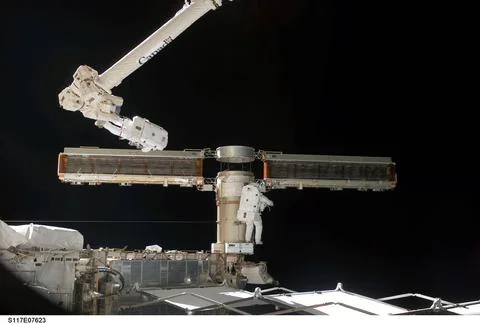 S117-E-07623 (15 June 2007) --- Astronauts Jim Reilly (on robot arm) and J... Stock-Fotos