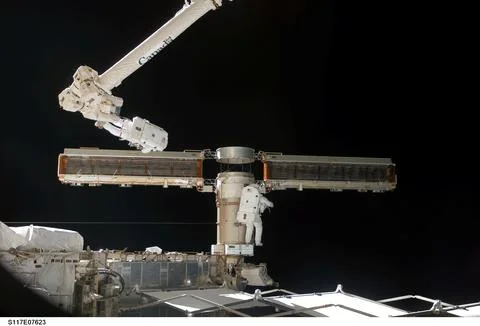S117-E-07623 (15 June 2007) --- Astronauts Jim Reilly (on robot arm) and Jo.. Stock-Fotos
