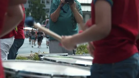 S25 Berlin Focus Shift Drums to Runners Slow Motion May 2023 Stock Footage 332126655