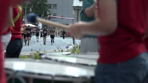 S25 Berlin Focus Shift Drums to Runners Slow Motion May 2023 Stock Footage 332126725