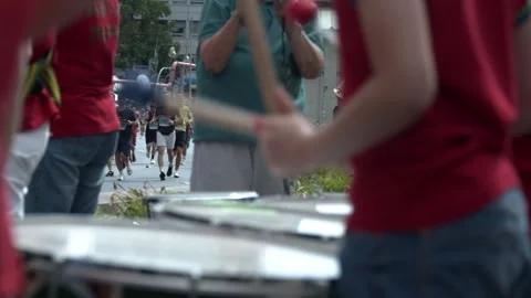 S25 Berlin Focus Shift Drums to Runners Slow Motion May 2023 Stock Footage 332126772