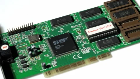 S3 Trio 3D2X: Vintage Windows 98 Video Card Chip - Close-Up Stock Footage 290242604