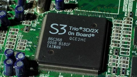 S3 Trio 3D2X: Vintage Windows 98 Video Card Chip - Close-Up Stock Footage 290242629
