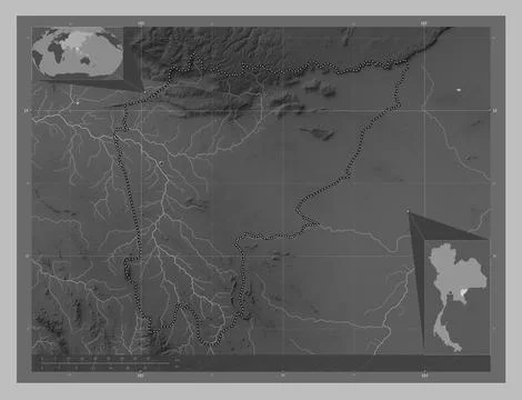Sa Kaeo, Thailand. Grayscale elevation map with lakes and rivers イラスト素材