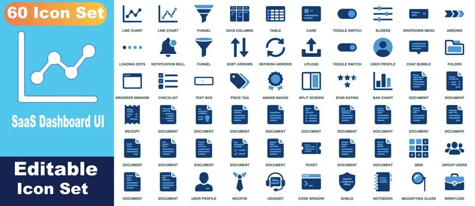 Saa s dashboard ui icon set, 60 blue icons for web and mobile applications .. Stock Illustration