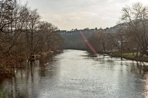 The Saale in Jena with the sun in the background Stock Photos