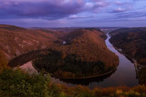 The  saar loop ( Saarschleifeat )  at sunset Stock Photos