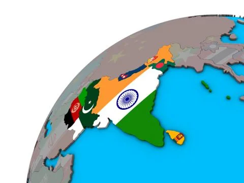 SAARC memeber states with flags on 3D globe Illustrazione stock