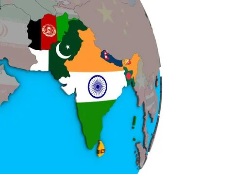 SAARC memeber states with flags on 3D globe Illustrazione stock