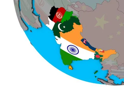 SAARC memeber states with flags on 3D globe Illustrazione stock