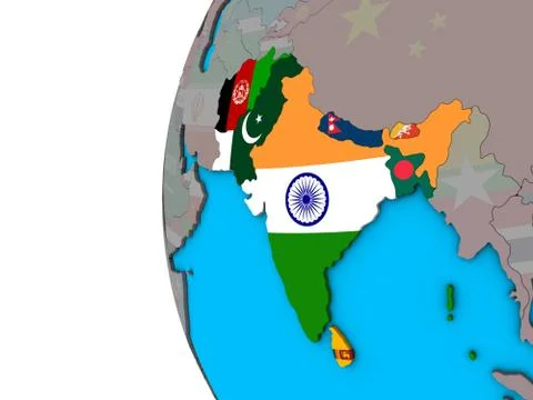 SAARC memeber states with flags on 3D globe Illustrazione stock