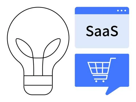 SaaS and E-commerce Innovation Concept with Lightbulb and Shopping Cart Ilustração Stock