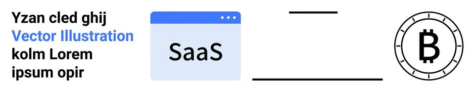 SaaS application window, cryptocurrency Bitcoin symbol, and placeholder text. Stock Illustration