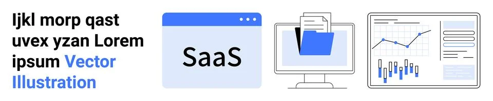 SaaS browser window, computer with folder and document, analytical chart disp Illustrazione stock