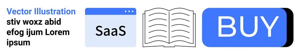 SaaS browser window, open book, and BUY button. Ideal for SaaS, digital learn Stockillustratie