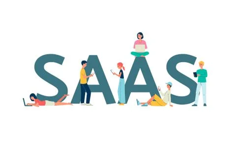 SaaS cloud software service banner with people flat vector illustration isolated Illustrazione stock